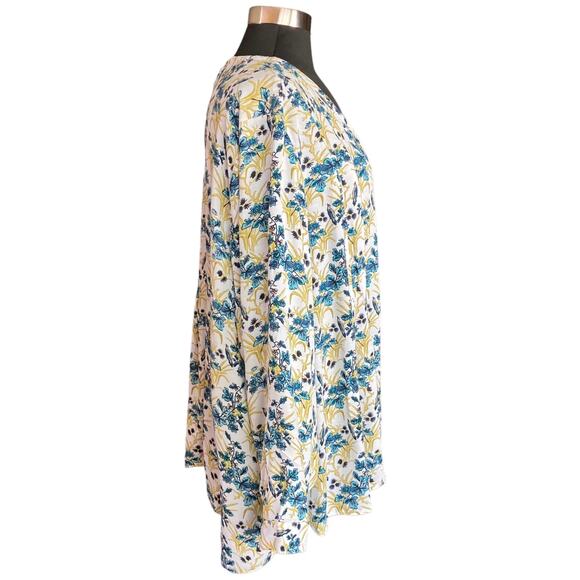 J. Jill Cream Teal Leaf & Vine Print Button Front Blouse Sz 3X Plus Size V-neck - Picture 3 of 10